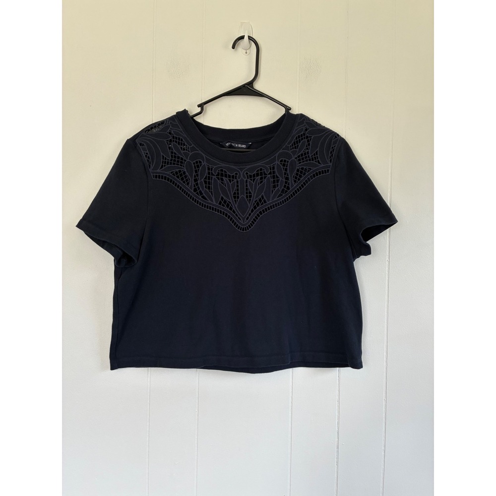 Veronica Beard Navy Blue Eyelet Lace Yoke‎ Short Sleeve Top Boxy Crew Neck